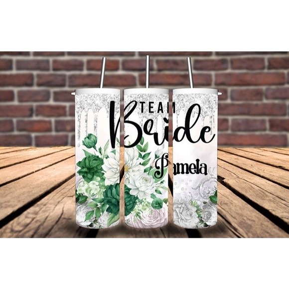 Team Bride Green and White Floral Print Personalized Tumbler, Bridesmaid Tumbler - Picture 1 of 1